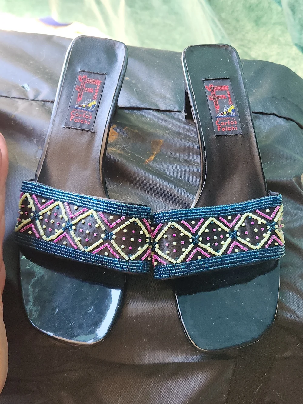 Carlos Falchi Black Beaded Slide Sandals with Blue Accent